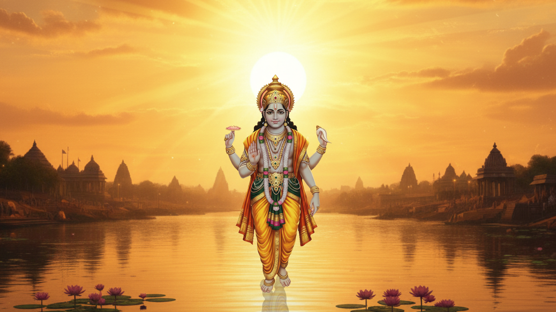 Aerial view of Godavari river ghats at sunrise, thousands of pilgrims gathered for holy dip